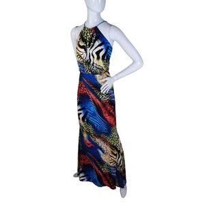 Va Va Voom Maxi Dress Size Large Halter Open Back Animal Print NWOT